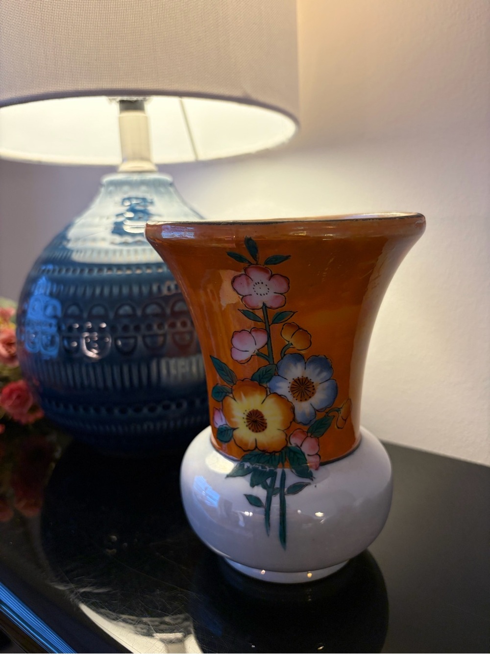 Hand-Painted Floral Ceramic Vase in Orange and White